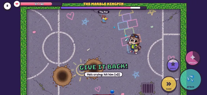 Gameplay screenshot: fighting The Marble Kingpin.