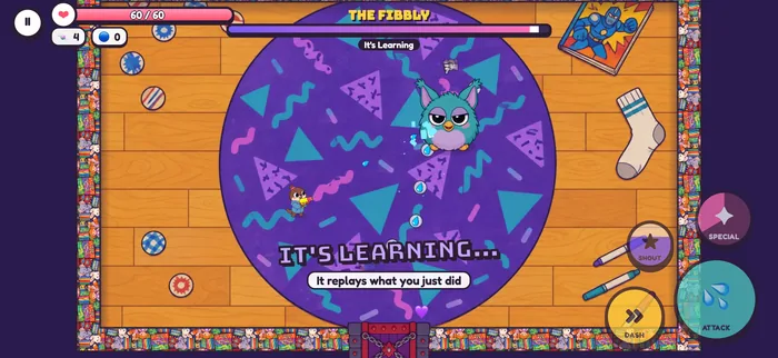Gameplay screenshot: fighting The Fibbly.