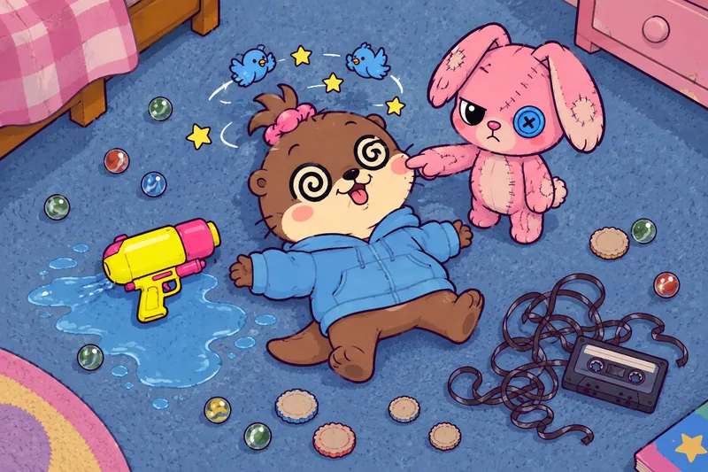 Nath, K.-O. sur la moquette, des étoiles autour de la tête, pendant que Pompon le doudou lui tapote la joue.