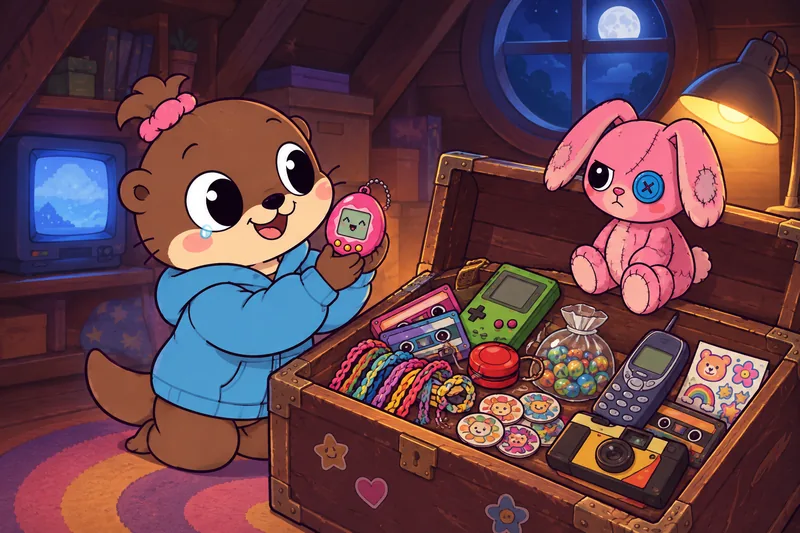Au grenier, Nath ouvre sa malle d'enfance pleine de cassettes, de billes, de pogs, de scoubidous et d'un vieux portable, sous le regard de Pompon.