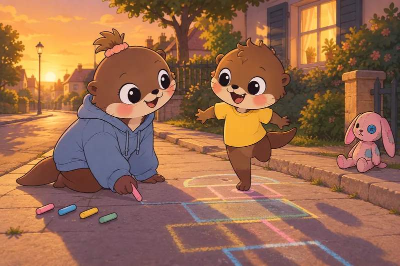 Au coucher du soleil, Nath dessine une marelle à la craie sur le trottoir pendant que Léo saute à cloche-pied.