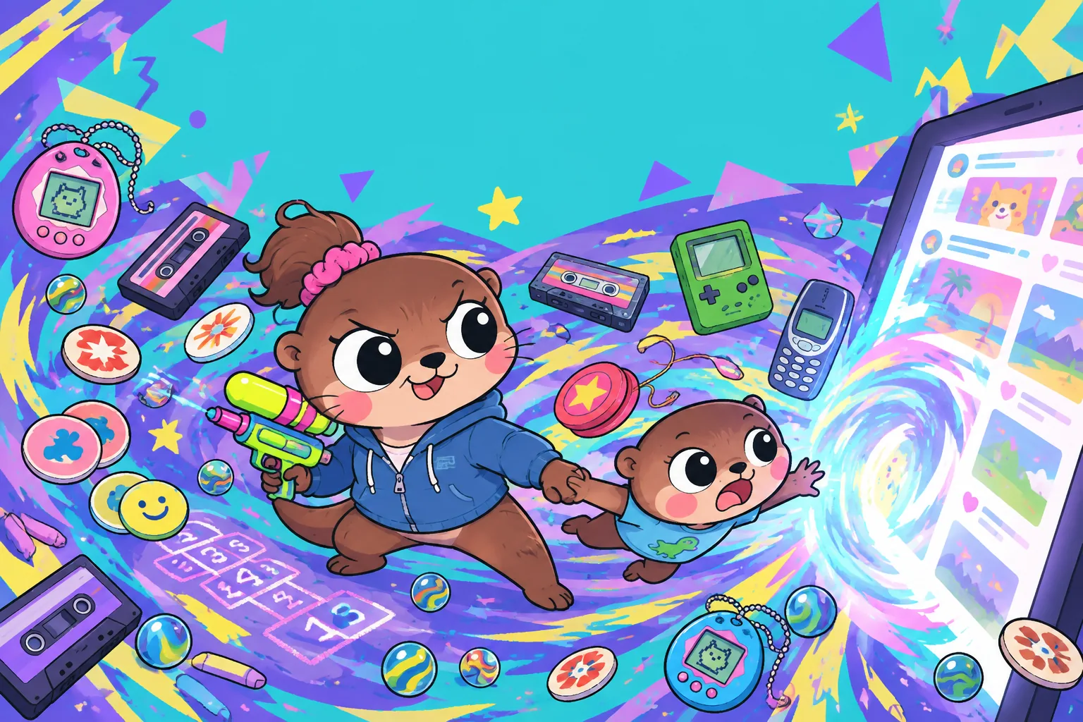 Nath la loutre, pistolet à eau en main, tient son fils Léo par la main au milieu d'un tourbillon de cassettes, billes et animaux virtuels, face à une tablette géante qui l'aspire.